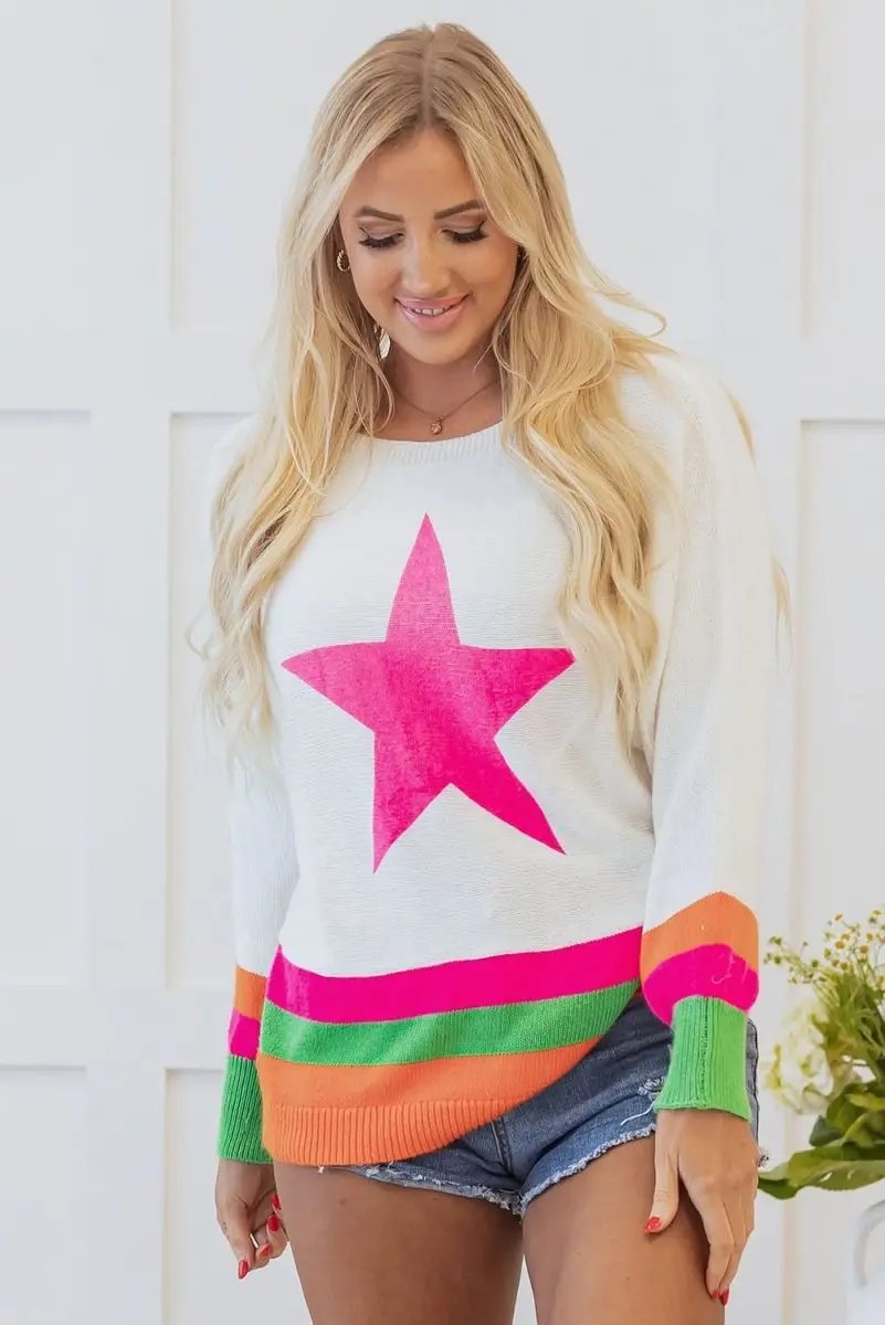 White Star Pattern Colorblock Striped Edge Drop Shoulder Sweater - Love Salve